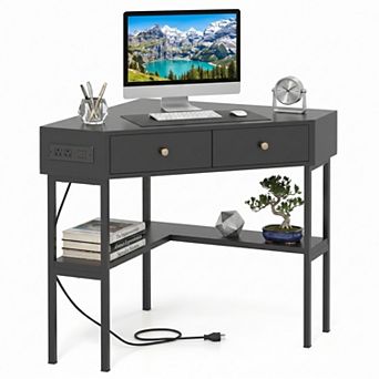 Corner Computer Desk with Charging Station & Drawers, Triangle Laptop PC Work Table Writing Table