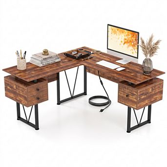 59" Farmhouse L Shape Desk with Power Outlets and 3 Storage Drawers, Large Computer Desk