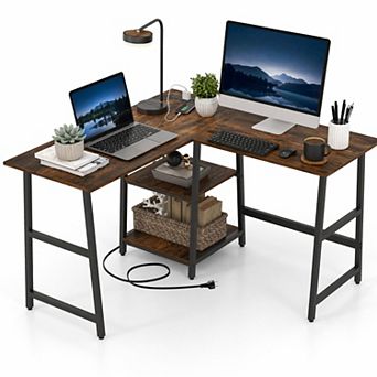 48" L Shape Desk with Charging Station, Corner Computer Desk with Storage Shelves for Home Office