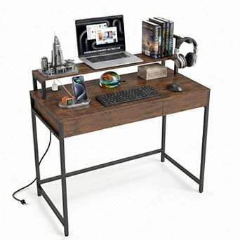37.5" Computer Desk with 2 Drawer&Charging Station,Study Writing Desk with Removable Monitor Shelf