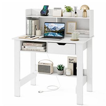 37.5" Home Office Desk with Power Outlets& Drawer, Computer Desk Study Desk Writing Desk