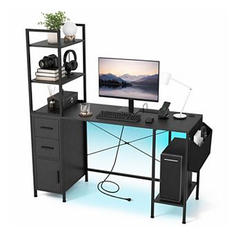 55" Compute Desk with LED Light & Power Outlets, Home Office Desk with Drawers & Open Shelves