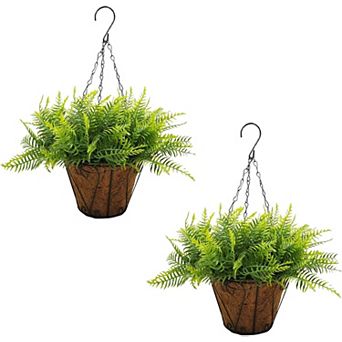 2-Pack UV Resistant Artificial Hanging Fern & Cypress with Basket & Spike for Indoor Outdoor Decor