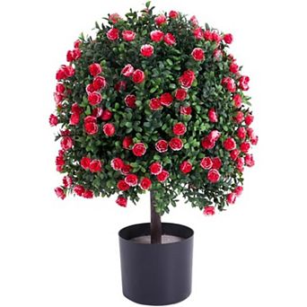 21.65" Artificial Rose Topiary Ball Tree, Faux Potted Boxwood for Outdoor Porch Garden Decor
