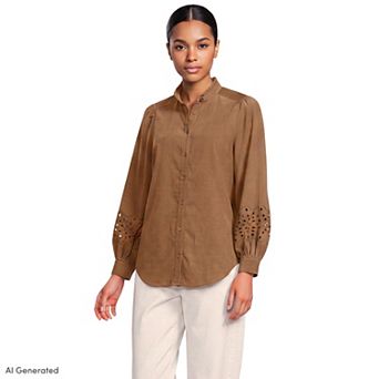 Women's Lands' End Eyelet Sleeve Pinwale Corduroy Shirt