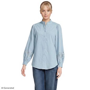 Women's Lands' End Eyelet Sleeve Pinwale Corduroy Shirt