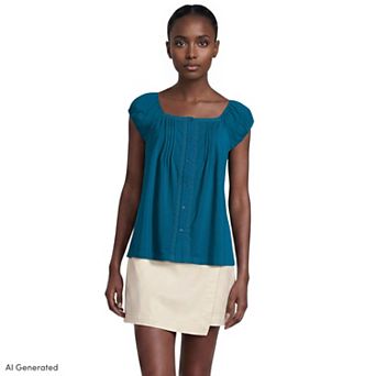Women's Lands' End Cap Sleeve Lightweight Pintuck Button Front Blouse