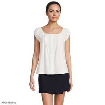 Women's Lands' End Cap Sleeve Lightweight Pintuck Button Front Blouse