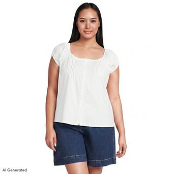 Plus Size Lands' End Cap Sleeve Lightweight Pintuck Button Front Blouse