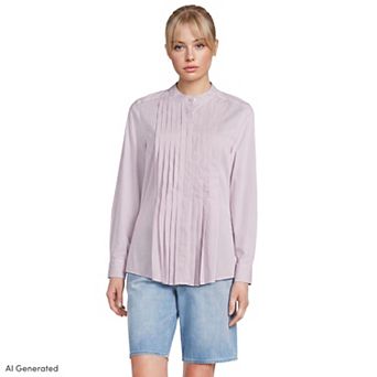 Women's Lands' End Long Sleeve Relaxed Poplin Pintuck Shirt