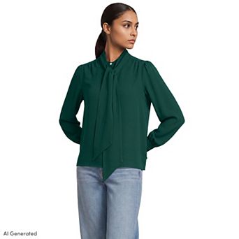 Women's Lands' End Creaseless Button Front Blouse with Tie