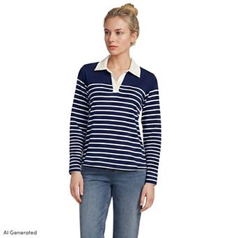 Women's Lands' End Long Sleeve Boxy Mariner Rugby Polo
