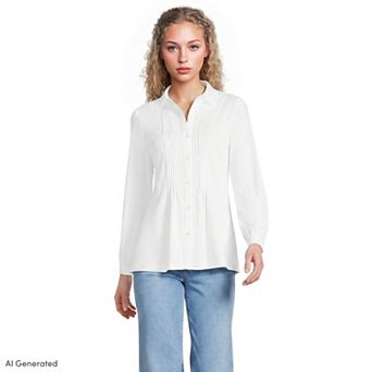 Petite Lands' End Long Sleeve Lightweight Trim Collar Button Front Pintuck Blouse