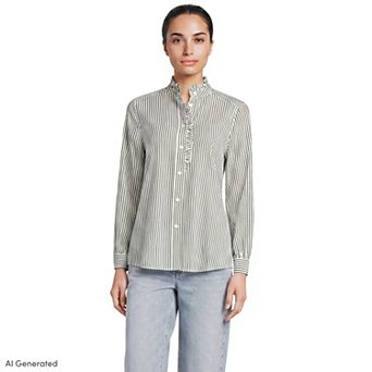 Women's Lands' End Long Sleeve Poplin Ruffle Collar Shirt