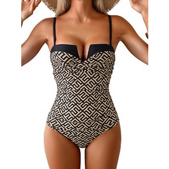 Women's Push Up Wrap Front Bandeau One Piece Swimsuit Tummy Control Swimwear