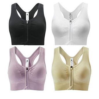 Women Front Zip Racerback Sports Bra Removable Pads Double Hooks 3/4 pack
