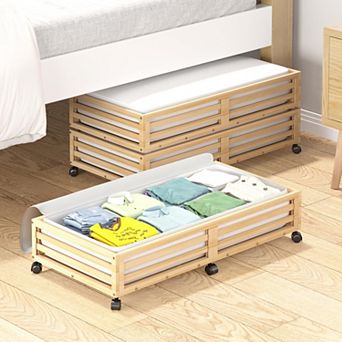Under Bed Storage Containers with Wheels Large Capacity Dust Bag Sturdy Bamboo Rolling