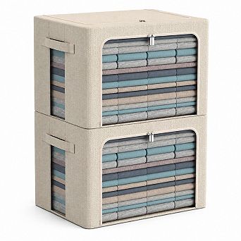 Linen Fabric Foldable Stackable Storage Organizer 2-Pack With Window Carry Handles