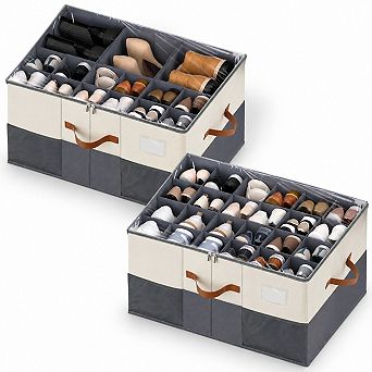 2-Pack Adjustable Divider Shoe Organizer With Clear Lid Handles Space Saving Storage
