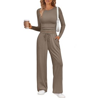 Womens 2 pc Lounge Sets Long Sleeve High Waist Wide Leg Loungewear