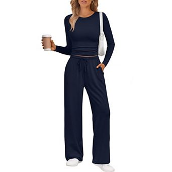 Womens 2 pc Lounge Sets Long Sleeve High Waist Wide Leg Loungewear