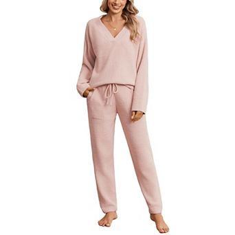 Womens 2 pc Fuzzy Microfiber Pajama Set V Neck Long Sleeve Cozy Lounge Wear