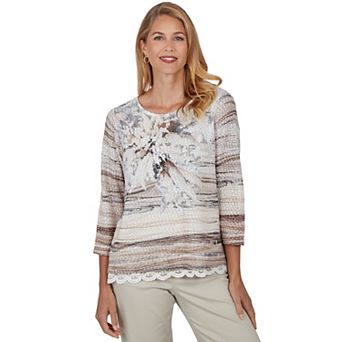 Women's Alfred Dunner Sunset Ridge Floral Textured Lace Hem 3/4 Sleeve Top