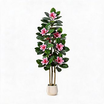 1 pc 4/5/6 FT Artificial Fiddle Leaf Fig Tree with Magnolia Flowers, Faux Rubber Tree Floor Plant