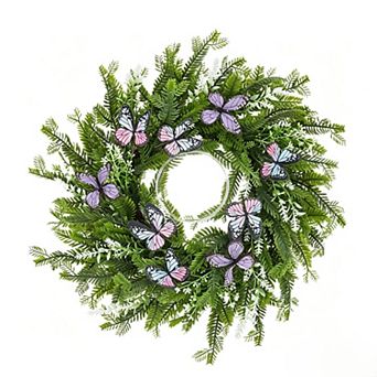 20 Inch Artificial Spring Summer Wreath with Fern Leaves and Butterflies