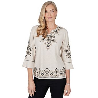 Women's Alfred Dunner Weekend Warrior Border Embroidered Split Neck Knit Top