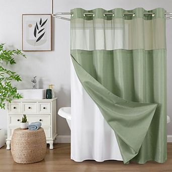72"W x 87"L No Hook Shower Curtain Snap Liner Waffle Weave Mesh Top Hotel Style Waterproof
