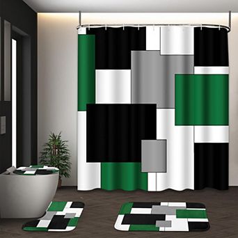4 pc Shower Curtain Set Bathroom Rugs Toilet Lid Cover Abstract Checkered Modern Hooks