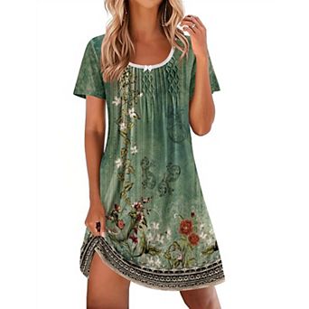 Women Pleated Lace Nightgown Short Sleeve Sleep Dress