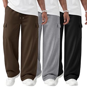 3 Pack Men's Cargo Pants Baggy Wide Leg Lightweight Pockets Drawstring Athletic