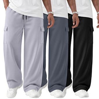 3 Pack Men's Cargo Pants Baggy Wide Leg Lightweight Pockets Drawstring Athletic