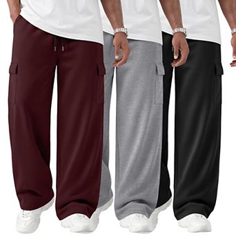 3 Pack Men's Cargo Pants Baggy Wide Leg Lightweight Pockets Drawstring Athletic