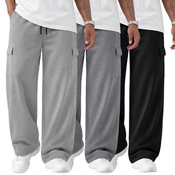 3 Pack Men's Cargo Pants Baggy Wide Leg Lightweight Pockets Drawstring Athletic