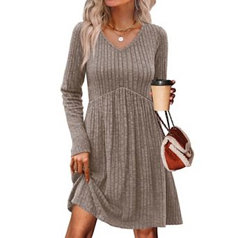 Long Sleeve Dress V Neck Empire Waist Casual Pockets