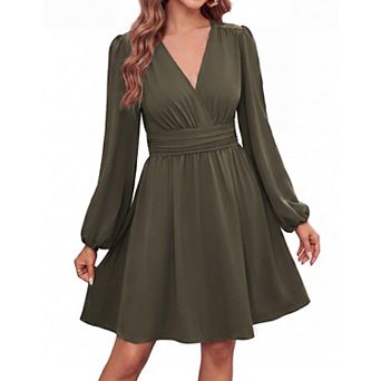 Women's Long Sleeve Empire Waist Mini Dress V-Neck Zip Up Pockets