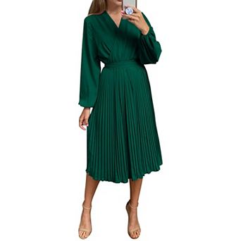 Women's Midi Dress Puff Sleeve Wrap V Neck Ruffle Pleated Casual