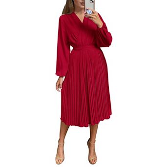 Women's Midi Dress Puff Sleeve Wrap V Neck Ruffle Pleated Casual