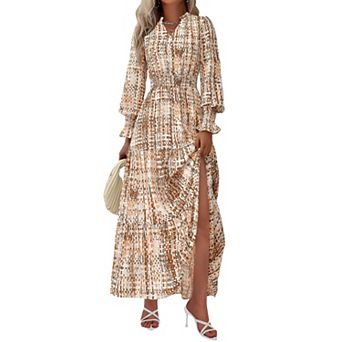 Women's Boho Maxi Dress V Neck Long Sleeve Smocked Waist