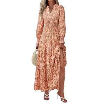 Women's Boho Maxi Dress V Neck Long Sleeve Smocked Waist
