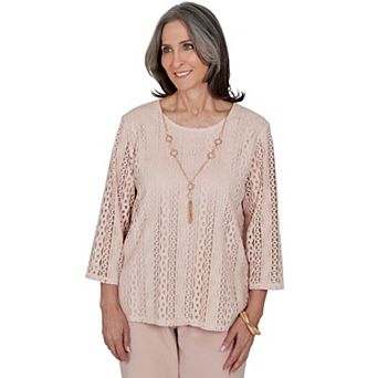 Women's Alfred Dunner Luxe Be A Lady Crochet Lace Knit Top with Necklace