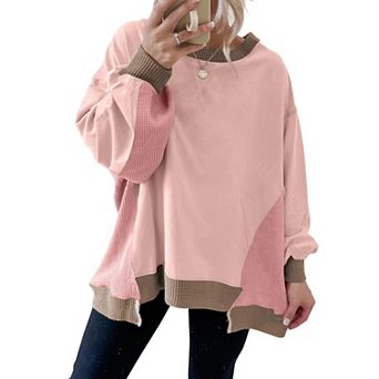Women Waffle Knit Crew Neck Oversized Shirt