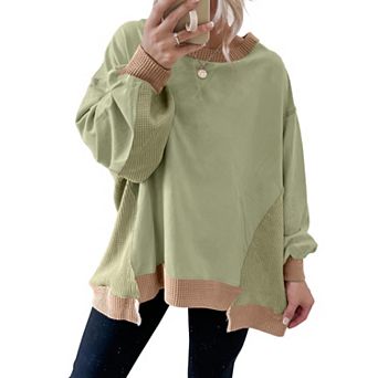 Women Waffle Knit Crew Neck Oversized Shirt