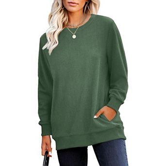 Crewneck Long Sleeve Top Pocket Casual Women Shirt