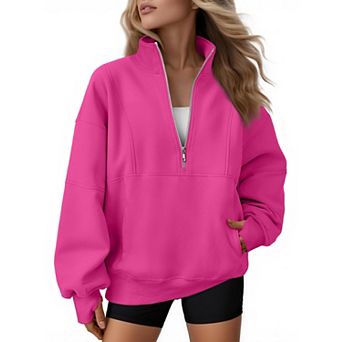 Women's Quarter Zip Fleece Pullover Pockets Thumb Holes