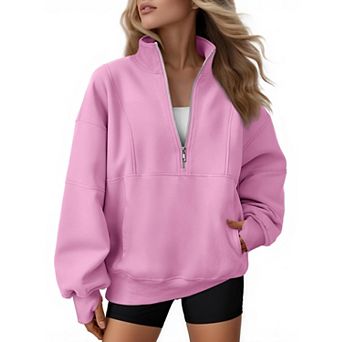 Women's Quarter Zip Fleece Pullover Pockets Thumb Holes