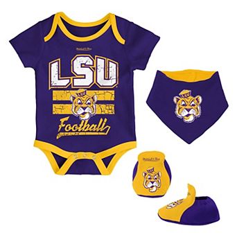 "Newborn & Infant Mitchell & Ness Purple LSU Tigers 3-Pack Bodysuit, Bib and Bootie Set"